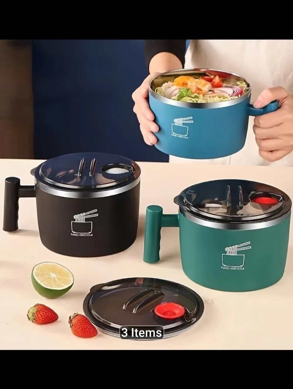 Blue Stainless Steel Noodle Bowl with Handle and Steam Vent